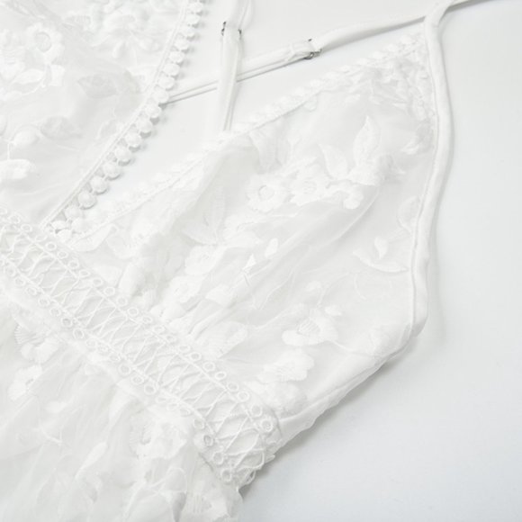 White Floral Lace Backless Crochet Mini Dress V-Neck Summer Sundress - Picture 5 of 6